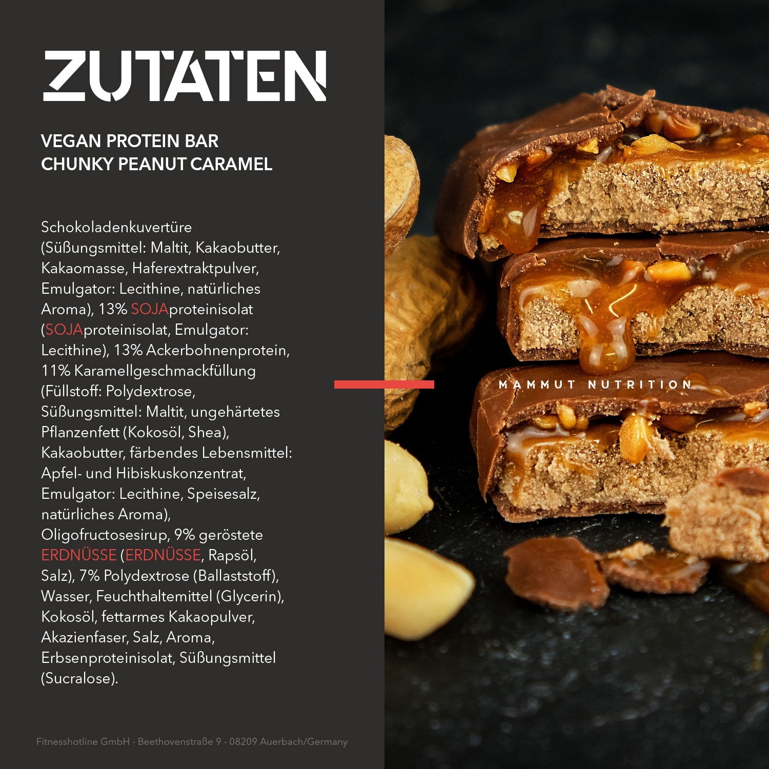 Vegan protein bar with peanuts and caramel