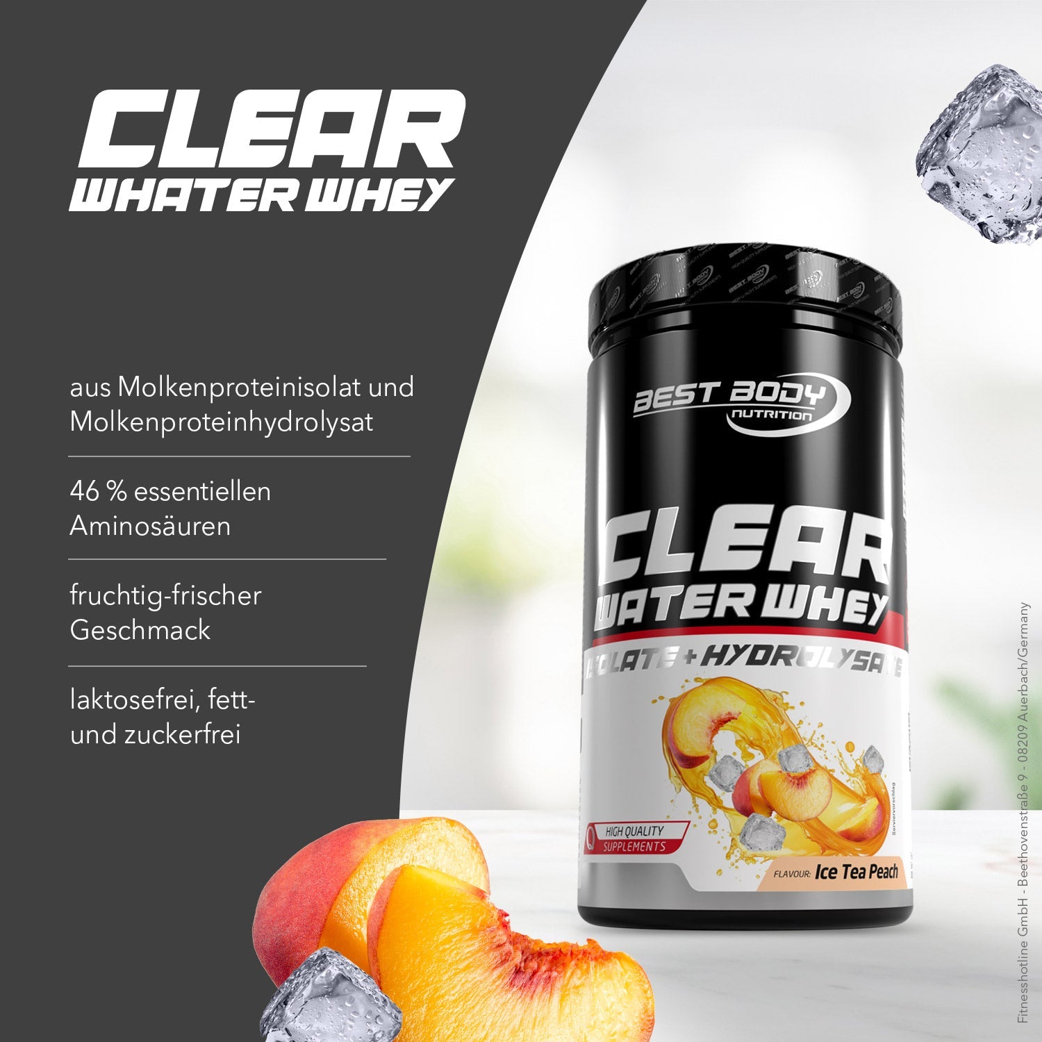 Best Body Nutrition Clear Water proteín – Ice Tea Peach 450 g